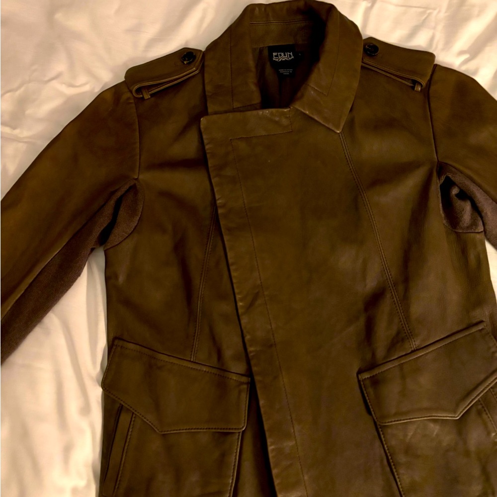 Brown Italian lamb skin leather jacket. Size small. Made by EDUN